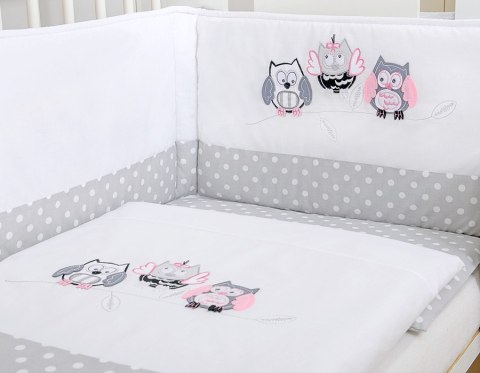 Komplet pościeli dla dzieci 120x90cm z ochraniaczem 3-cz Sówki szare z haftem szaro-różowym