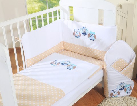 Komplet pościeli dla dzieci 135x100cm z ochraniaczem 3-cz Sówki beżowe z haftem beżowo-niebieskim