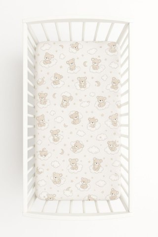 Prześcieradło bawełniane z gumką do łóżeczka 120x60 cm - beżowy miś z tęczą