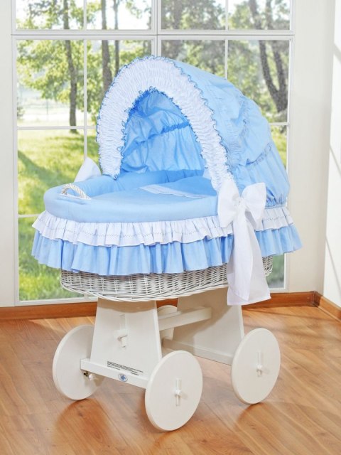 Wiklinowy kosz Mojżesza ze składaną budką Bellamy - biały + niebieska pościel Wiklinowy kosz Mojżesza ze składaną budką Bellamy - biały + niebieska pościel