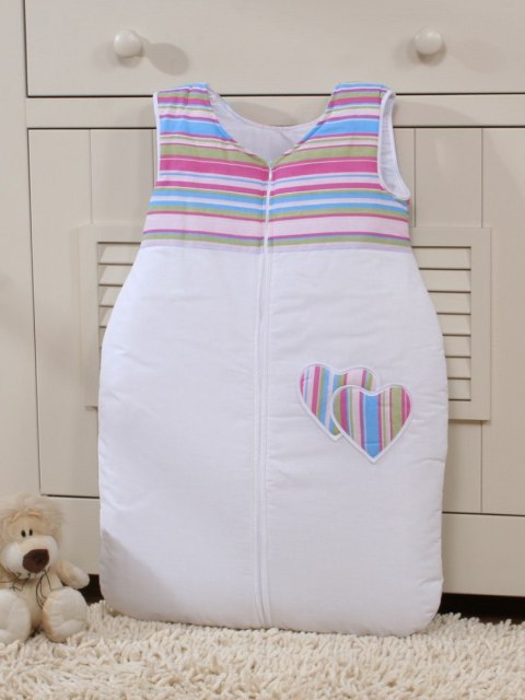 Śpiworek dla dzieci bawełniany M 6-12 mcy TOG 2.5 całoroczny ocieplany serduszka paseczki fioletowe