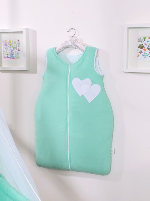 Śpiworek dla dzieci bawełniany M 6-12 mcy TOG 2.5 całoroczny ocieplany serduszka miętowe