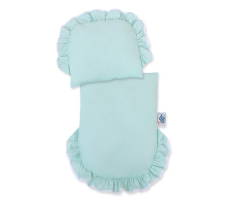 Wiklinowy wózek dla lalek pchacz biały z miętową pościelką i miękką wyściółką STELLA