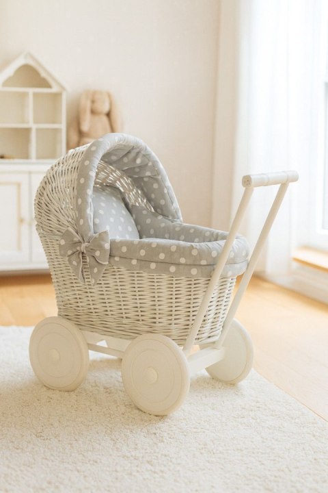 Wiklinowy wózek dla lalek pchacz biały z szarą pościelką i miękką wyściółką STELLA