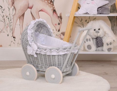 Wiklinowy wózek dla lalek pchacz szary z białą pościelką i miękką wyściółką CHIARA