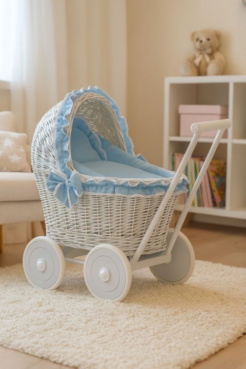 Wiklinowy wózek dla lalek pchacz szary z pościelką i miękką wyściółką brudny niebieski CHIARA