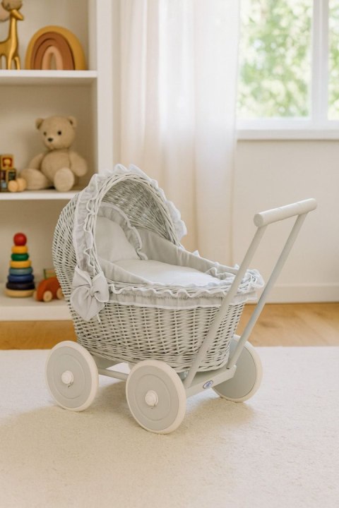 Wiklinowy wózek dla lalek pchacz szary z szarą pościelką i miękką wyściółką CHIARA