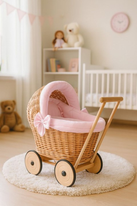 Wiklinowy wózek dla lalek pchacz z różową pościelką i miękką wyściółką STELLA - naturalny