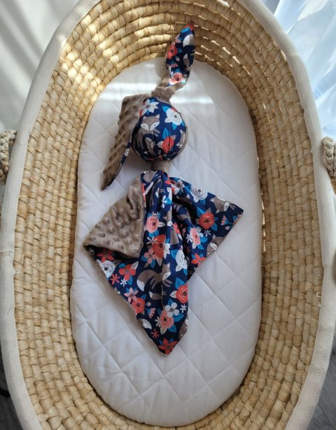 Zając przytulanka dwustronna - lisia rodzinka na niebieskim/braz