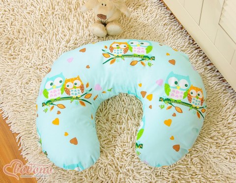 Poduszka rogal do karmienia fasolka + zdejmowana poszewka - Sowy na miętowym tle