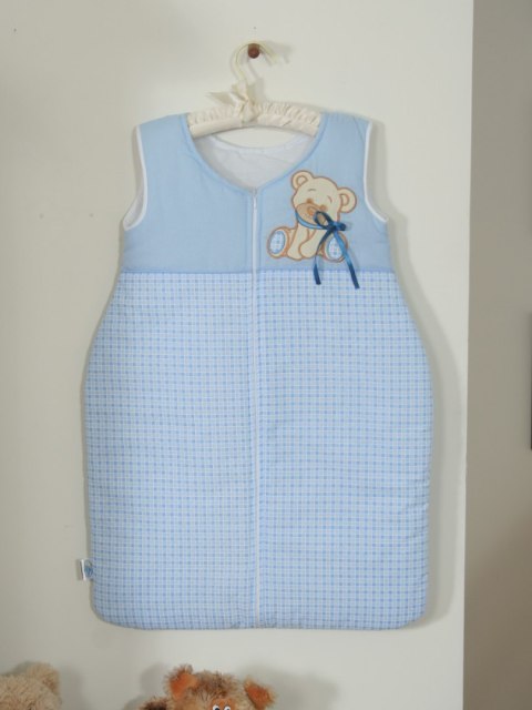 Śpiworek dla dzieci bawełniany M 6-12 mcy TOG 2.5 całoroczny ocieplany Miś z kokardką niebieski