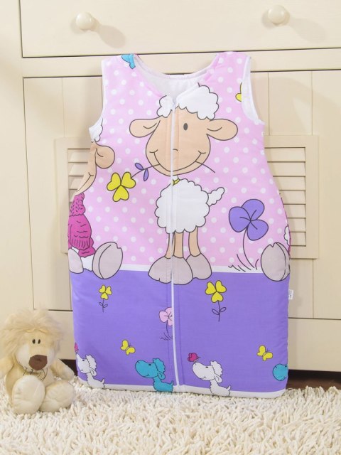 Śpiworek dla dzieci bawełniany M 6-12 mcy TOG 2.5 całoroczny ocieplany owieczki fioletowo-różowe