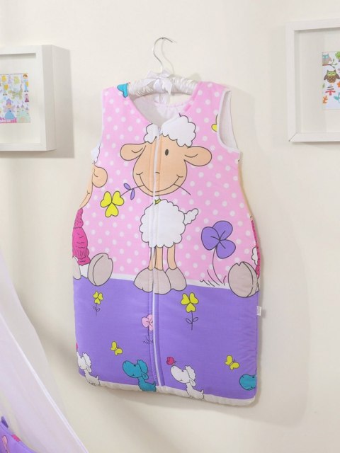 Śpiworek dla dzieci bawełniany M 6-12 mcy TOG 2.5 całoroczny ocieplany owieczki fioletowo-różowe