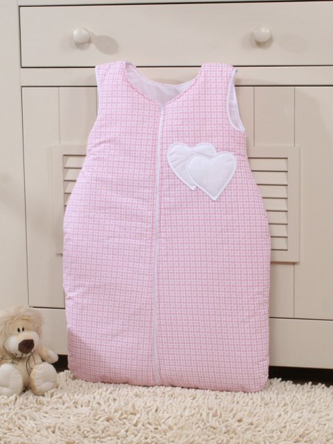 Śpiworek dla dzieci bawełniany M 6-12 mcy TOG 2.5 całoroczny ocieplany serduszka kratka różowa