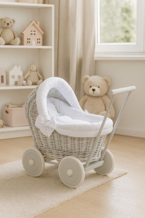 Wiklinowy wózek dla lalek pchacz szary z białą pościelką i miękką wyściółką STELLA