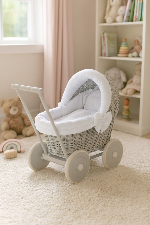Wiklinowy wózek dla lalek pchacz szary z białą pościelką i miękką wyściółką STELLA