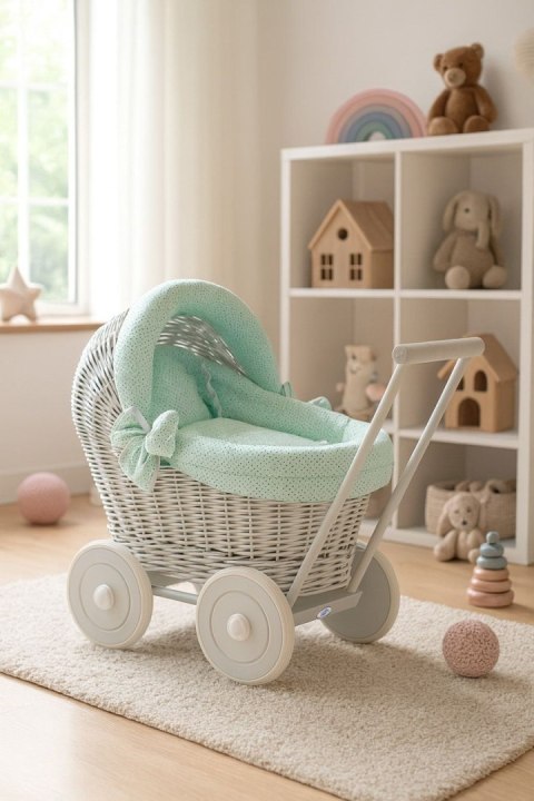 Wiklinowy wózek dla lalek pchacz szary z miętową pościelką i miękką wyściółką STELLA