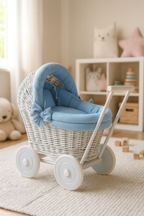 Wiklinowy wózek dla lalek pchacz szary z pościelką i miękką wyściółką brudny niebieski STELLA