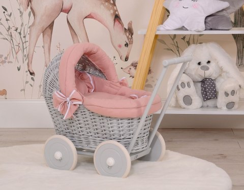 Wiklinowy wózek dla lalek pchacz szary z pościelką i miękką wyściółką brudny róż STELLA