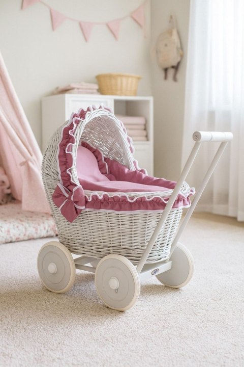 Wiklinowy wózek dla lalek pchacz szary z pościelką i miękką wyściółką róż retro CHIARA