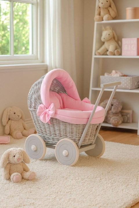 Wiklinowy wózek dla lalek pchacz szary z różową pościelką i miękką wyściółką STELLA