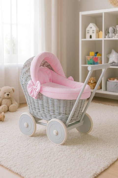 Wiklinowy wózek dla lalek pchacz szary z różową pościelką i miękką wyściółką STELLA