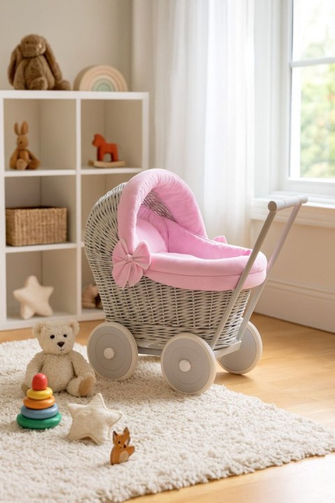 Wiklinowy wózek dla lalek pchacz szary z różową pościelką i miękką wyściółką STELLA