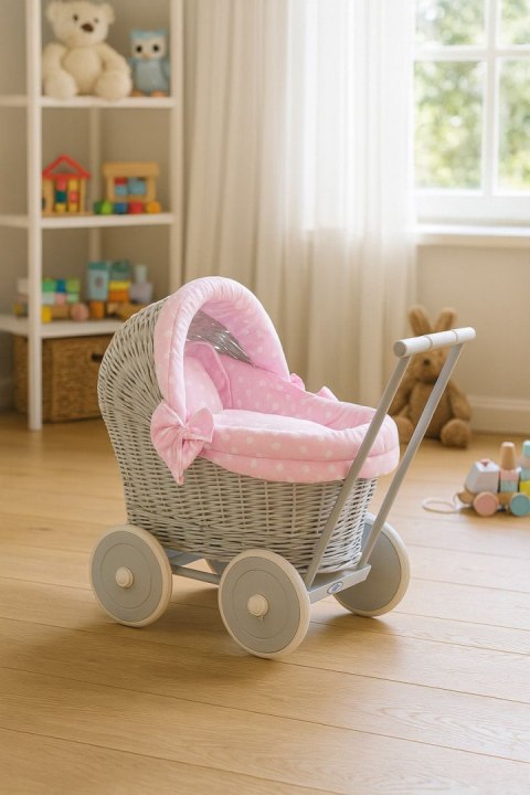 Wiklinowy wózek dla lalek pchacz szary z różową pościelką i miękką wyściółką STELLA