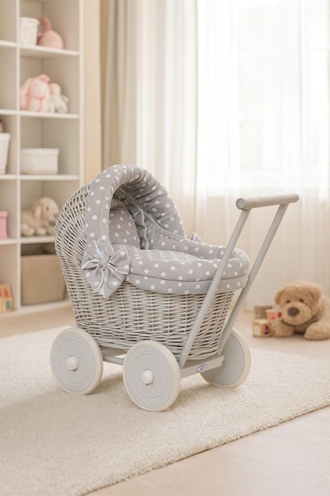 Wiklinowy wózek dla lalek pchacz szary z szarą pościelką i miękką wyściółką STELLA
