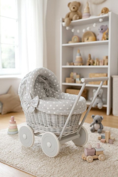 Wiklinowy wózek dla lalek pchacz szary z szarą pościelką i miękką wyściółką STELLA