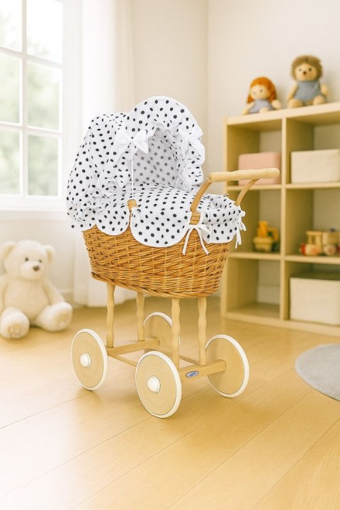 Wiklinowy wózek dla lalek wysoki z biało-czarną pościelką i wyściółką NATALIA naturalny