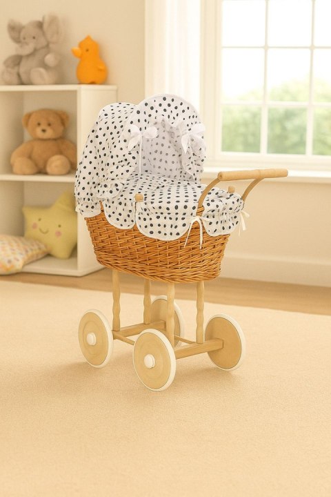 Wiklinowy wózek dla lalek wysoki z biało-czarną pościelką i wyściółką NATALIA naturalny