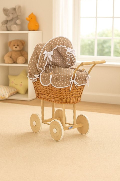 Wiklinowy wózek dla lalek wysoki z brązową pościelką i wyściółką NATALIA naturalny