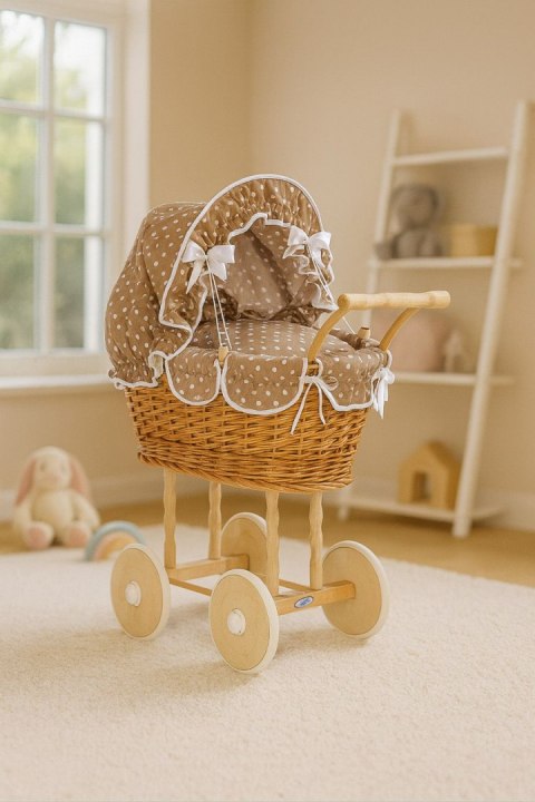 Wiklinowy wózek dla lalek wysoki z brązową pościelką i wyściółką NATALIA naturalny