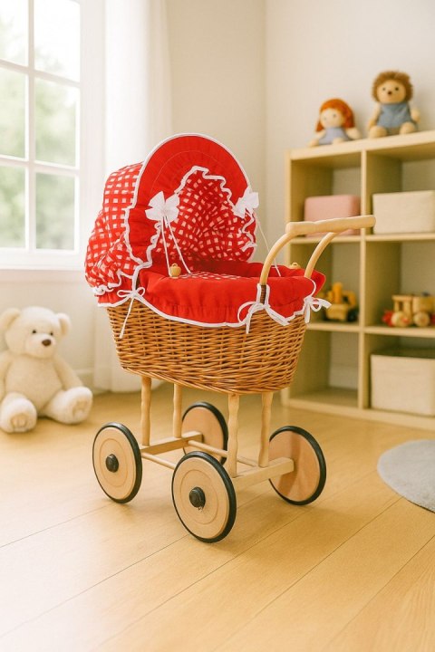 Wiklinowy wózek dla lalek wysoki z czerwoną pościelką i wyściółką NATALIA naturalny