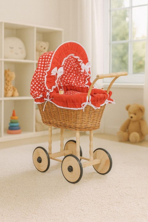 Wiklinowy wózek dla lalek wysoki z czerwoną pościelką i wyściółką NATALIA naturalny