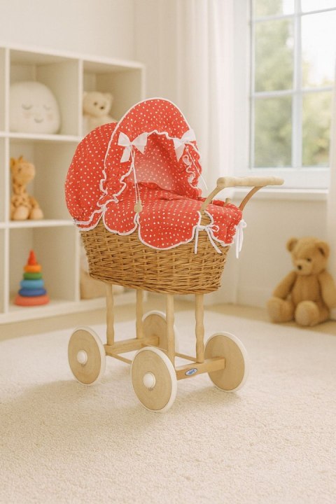 Wiklinowy wózek dla lalek wysoki z czerwoną pościelką i wyściółką NATALIA naturalny