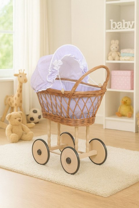 Wiklinowy wózek dla lalek wysoki ażurowy z fioletową pościelką i wyściółką VERONICA - naturalny