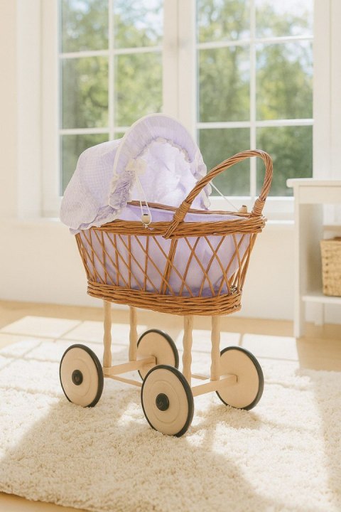 Wiklinowy wózek dla lalek wysoki ażurowy z fioletową pościelką i wyściółką VERONICA - naturalny