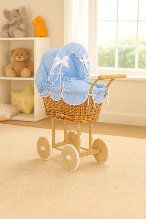 Wiklinowy wózek dla lalek wysoki z niebieską pościelką i wyściółką NATALIA naturalny