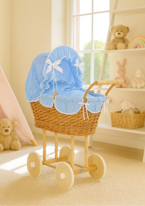 Wiklinowy wózek dla lalek wysoki z niebieską pościelką i wyściółką NATALIA naturalny