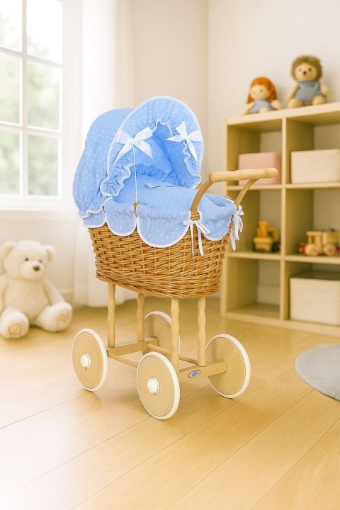 Wiklinowy wózek dla lalek wysoki z niebieską pościelką i wyściółką NATALIA naturalny