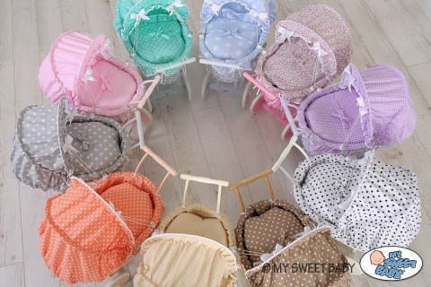 Wiklinowy wózek dla lalek wysoki z niebieską pościelką i wyściółką NATALIA naturalny