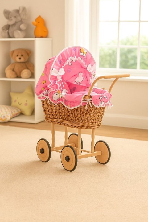 Wiklinowy wózek dla lalek wysoki z różową pościelką i wyściółką NATALIA naturalny