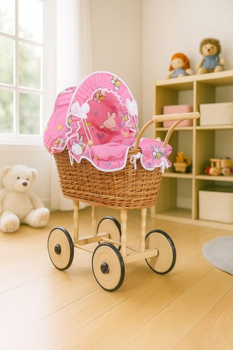 Wiklinowy wózek dla lalek wysoki z różową pościelką i wyściółką NATALIA naturalny