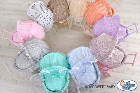 Wiklinowy wózek dla lalek wysoki z różową pościelką i wyściółką NATALIA naturalny