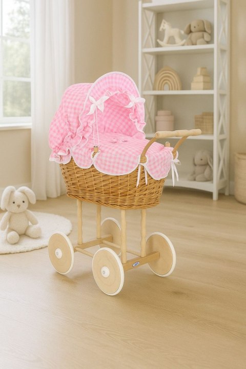 Wiklinowy wózek dla lalek wysoki z różową pościelką i wyściółką NATALIA naturalny