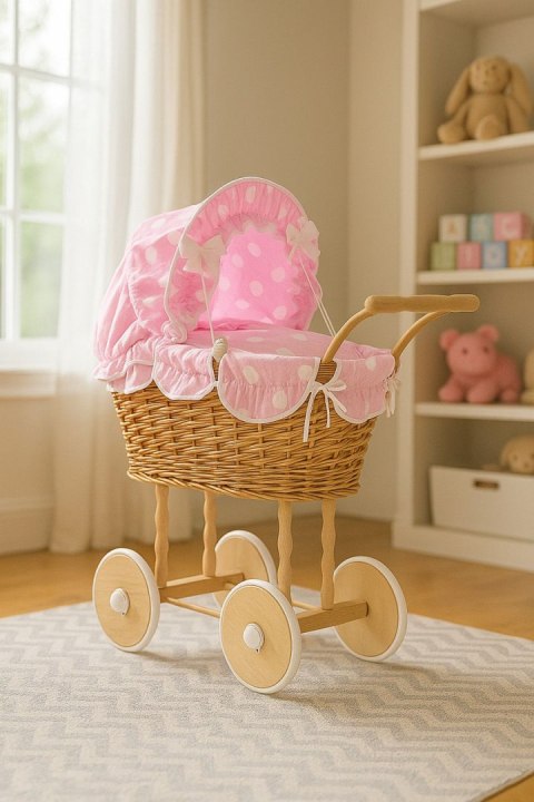 Wiklinowy wózek dla lalek wysoki z różową pościelką i wyściółką NATALIA naturalny