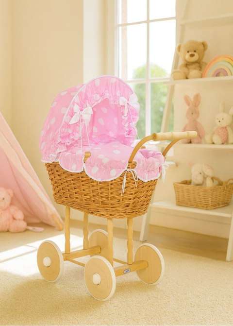 Wiklinowy wózek dla lalek wysoki z różową pościelką i wyściółką NATALIA naturalny