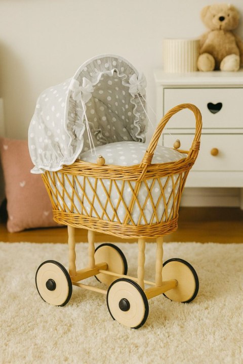 Wiklinowy wózek dla lalek wysoki ażurowy z szarą pościelką i wyściółką VERONICA naturalny